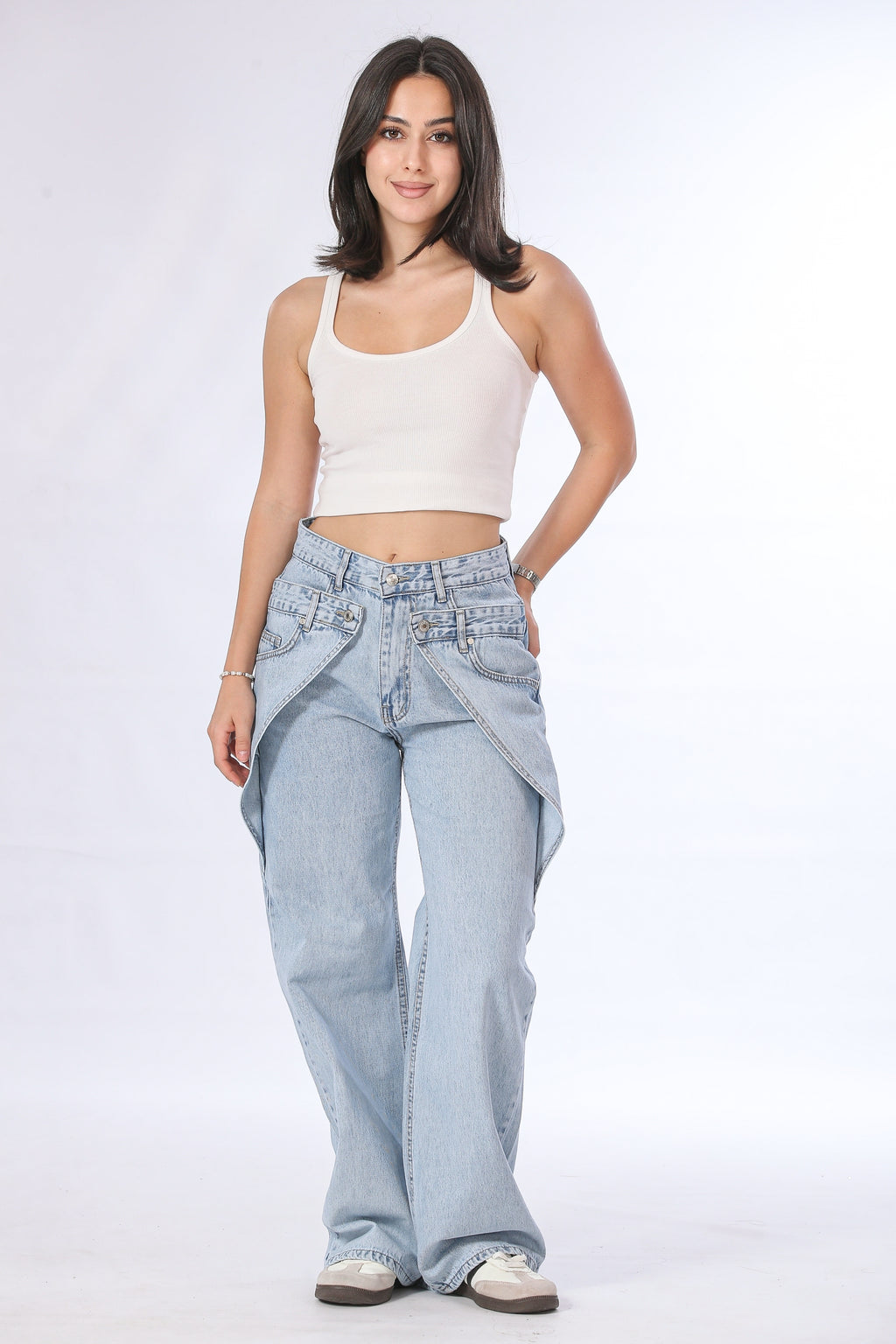 Layered Double Waistband Light Wash Jeans - 11716