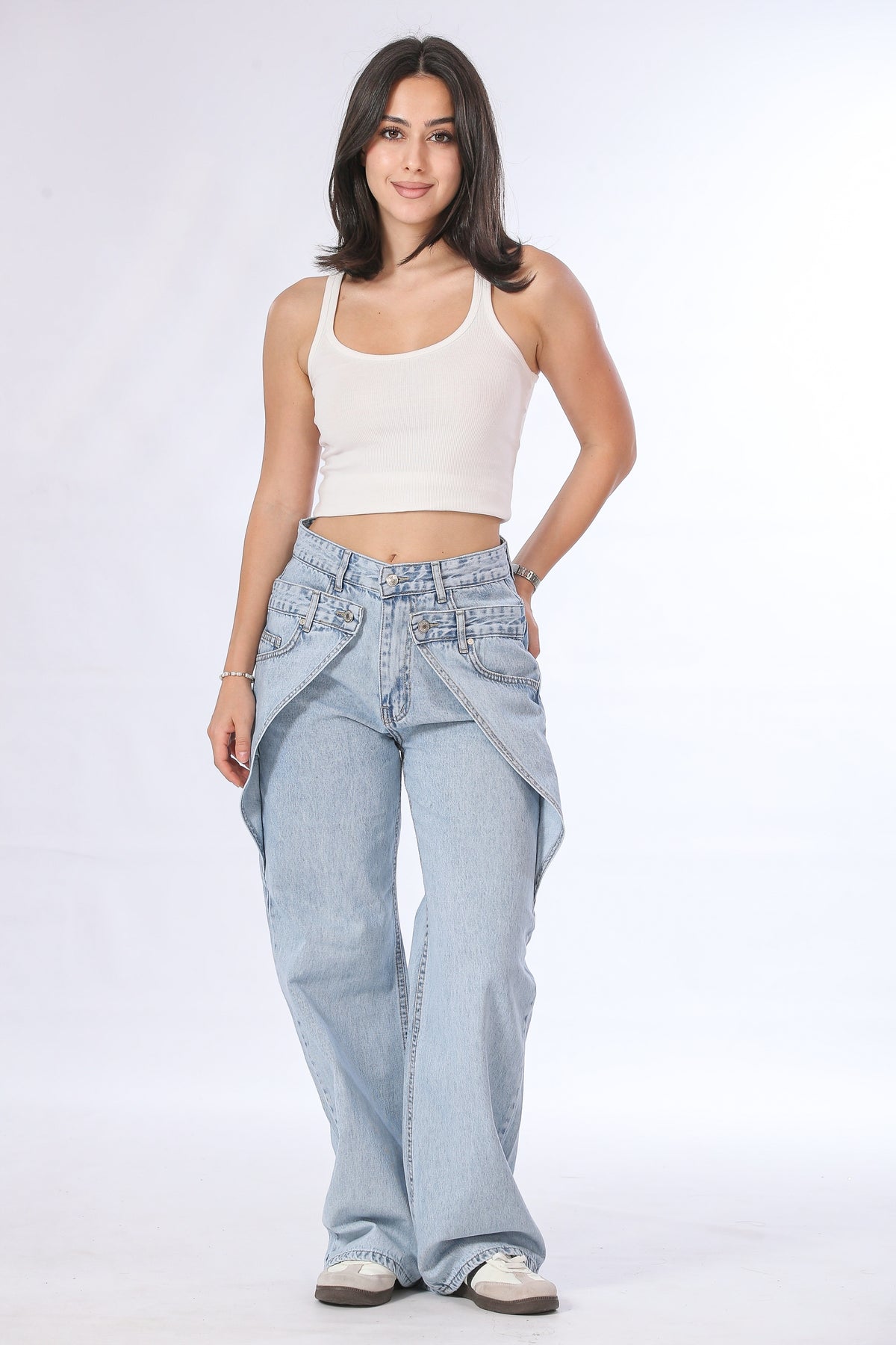 Layered Double Waistband Light Wash Jeans - 11716