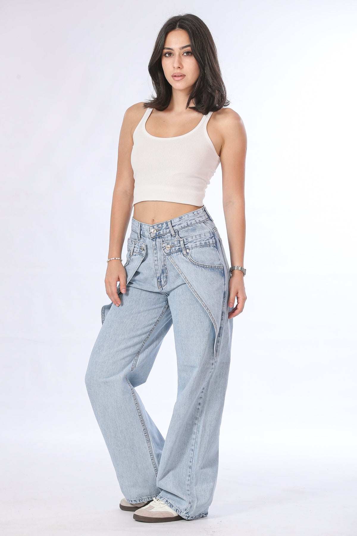 Layered Double Waistband Light Wash Jeans - 11716