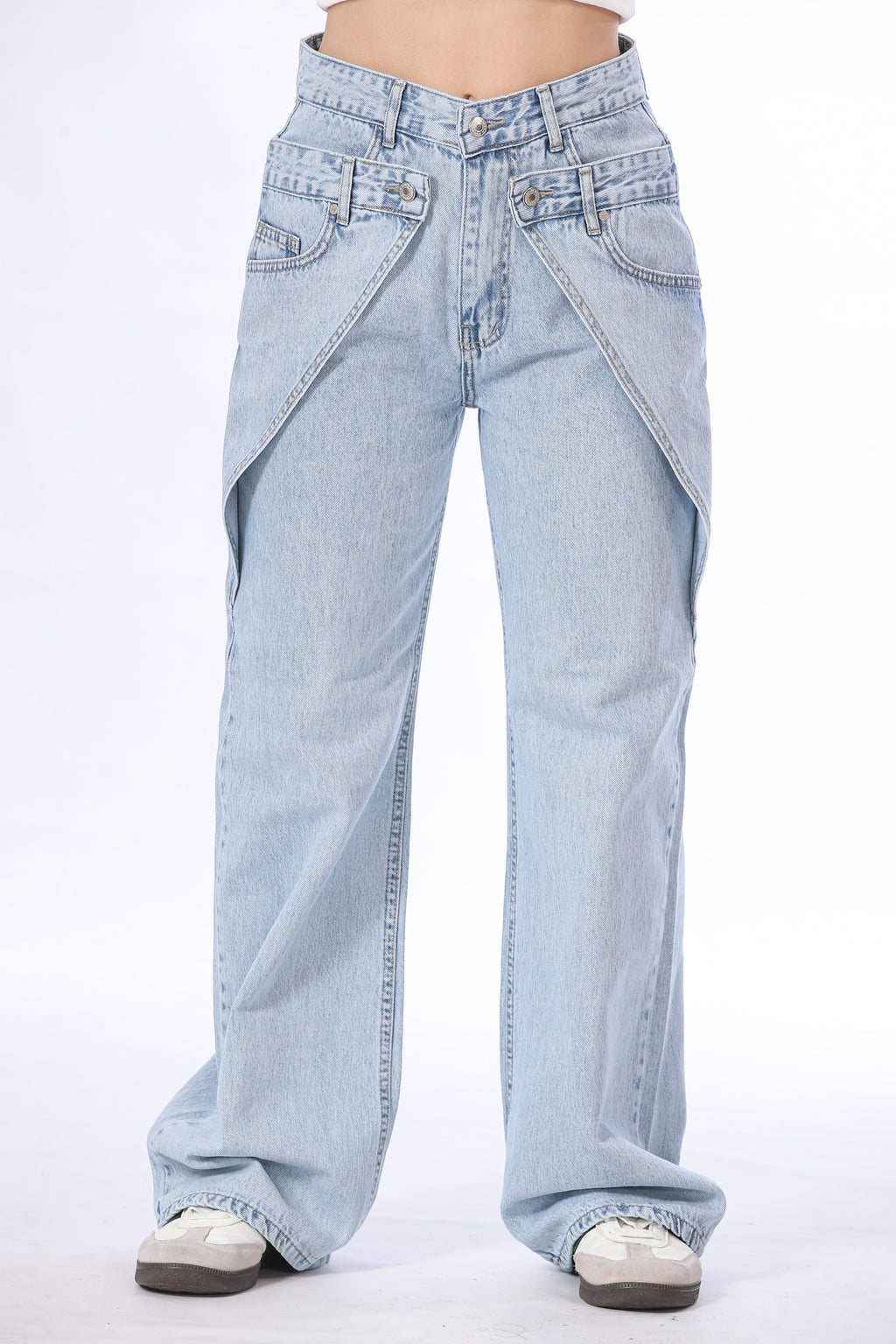 Layered Double Waistband Light Wash Jeans - 11716