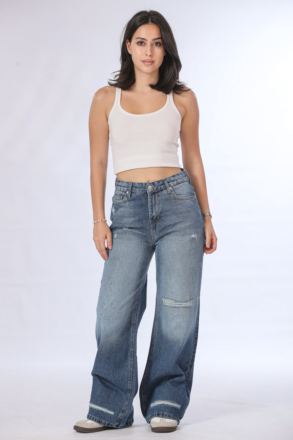 Distressed Vintage Wash Wide Leg Jeans - 11705