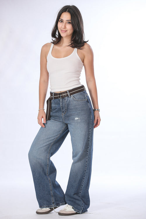 Belted Wide Leg Distressed Jeans - 11694