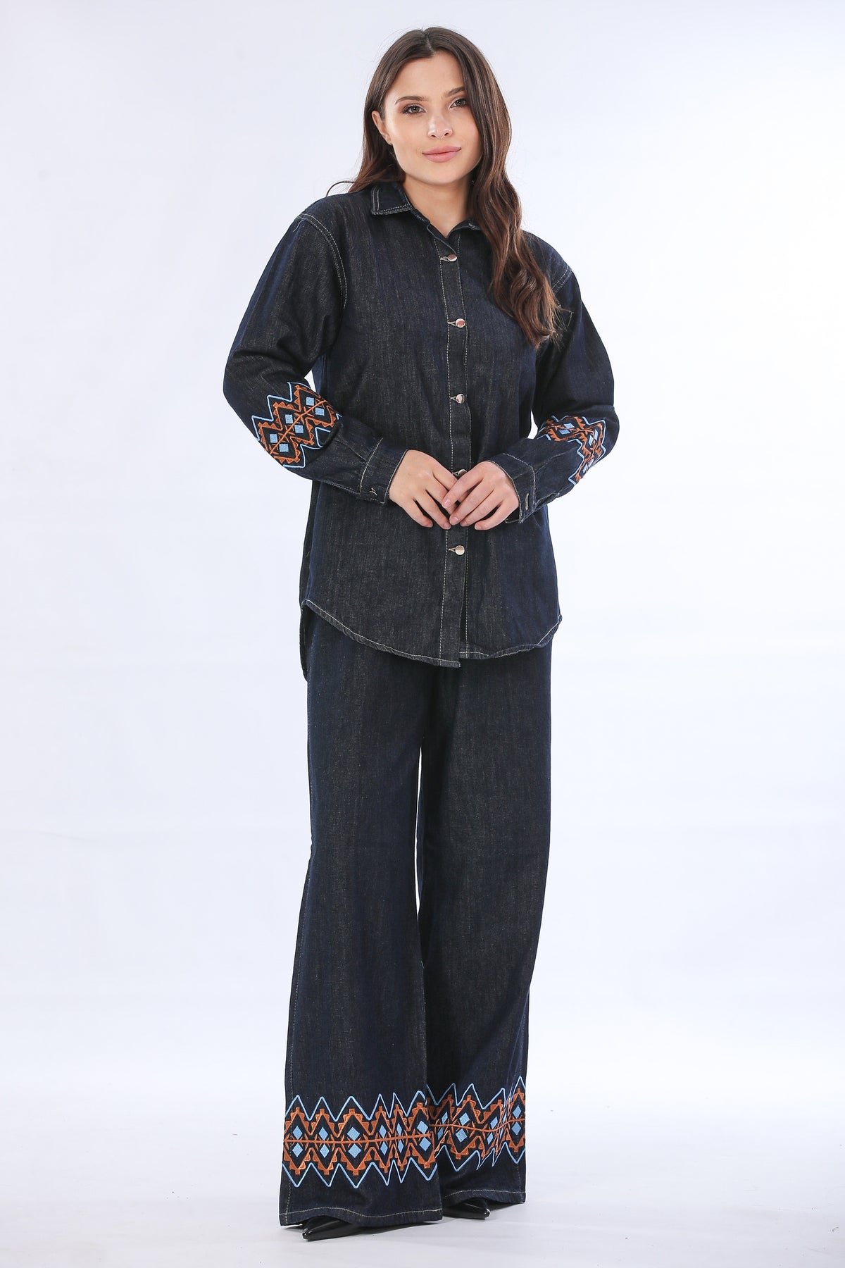 Geometric Embroidered Two-Piece Denim Set - T810