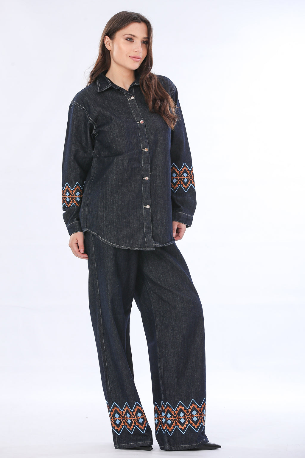 Geometric Embroidered Two-Piece Denim Set - T810