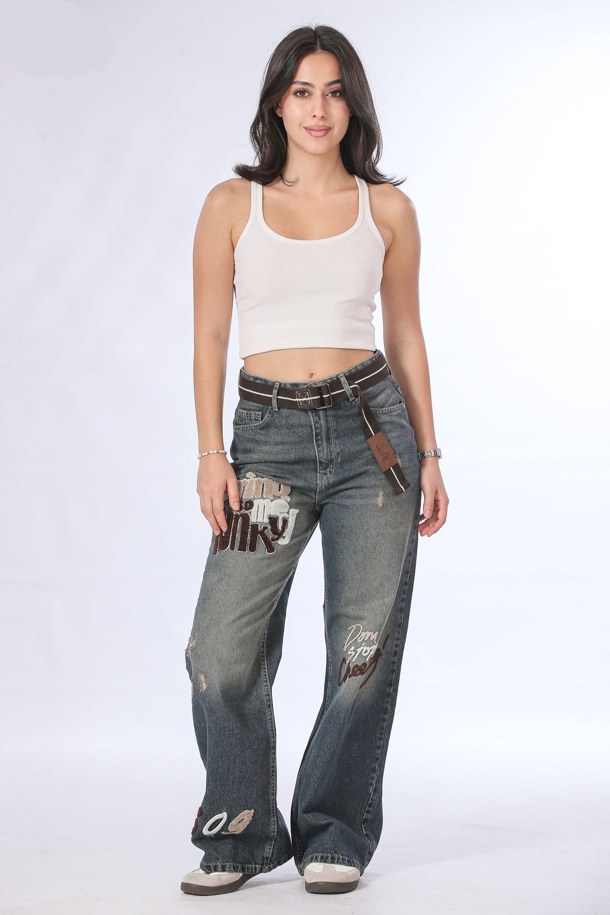 Belted Dark Wash Graphic Patch Jeans - 11680
