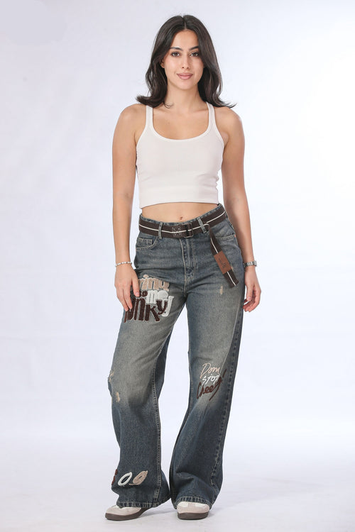Belted Dark Wash Graphic Patch Jeans - 11680
