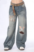 Relaxed Fit Statement Patch Jeans with Belt - 11691