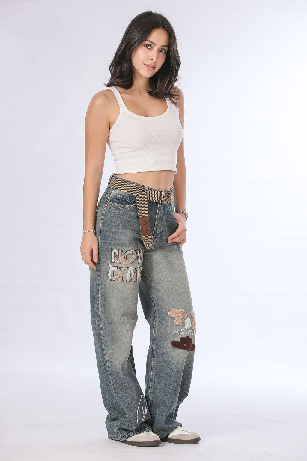 Relaxed Fit Statement Patch Jeans with Belt - 11691