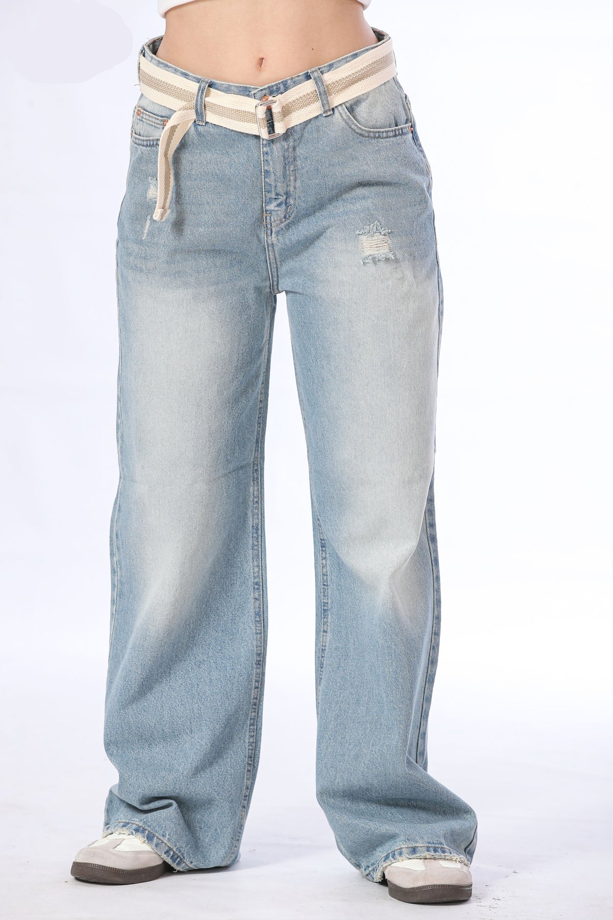 Ice Blue Baggy Denim with Canvas Belt - 11696