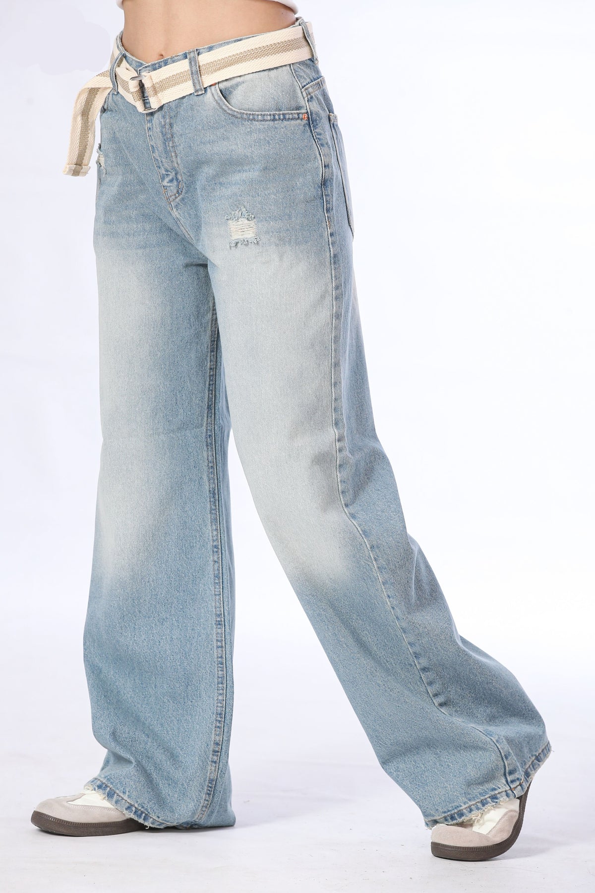 Ice Blue Baggy Denim with Canvas Belt - 11696