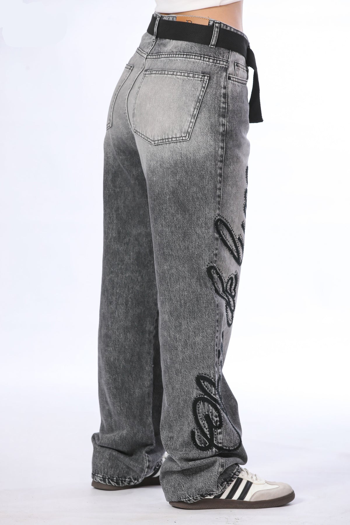 Grey Wash Graphic Baggy Denim with Belt - 11700