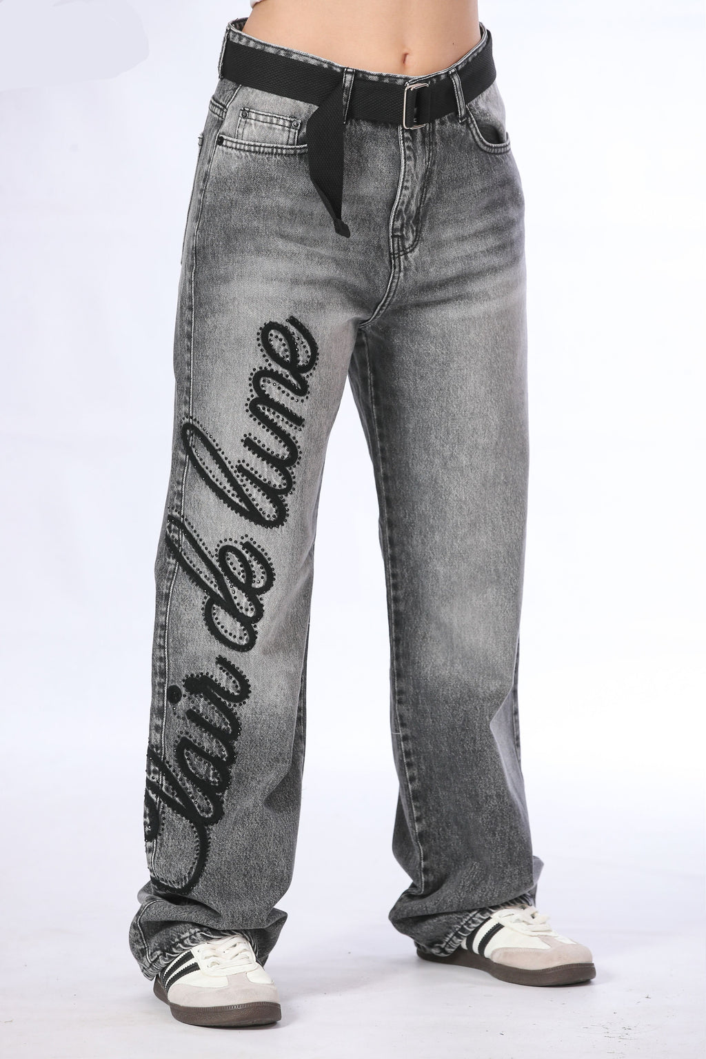 Grey Wash Graphic Baggy Denim with Belt - 11700