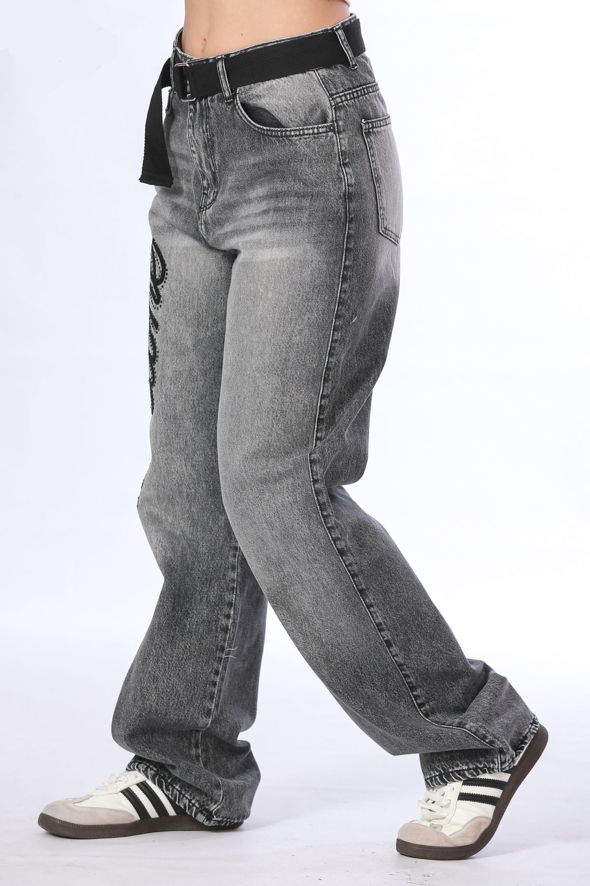 Grey Wash Graphic Baggy Denim with Belt - 11700