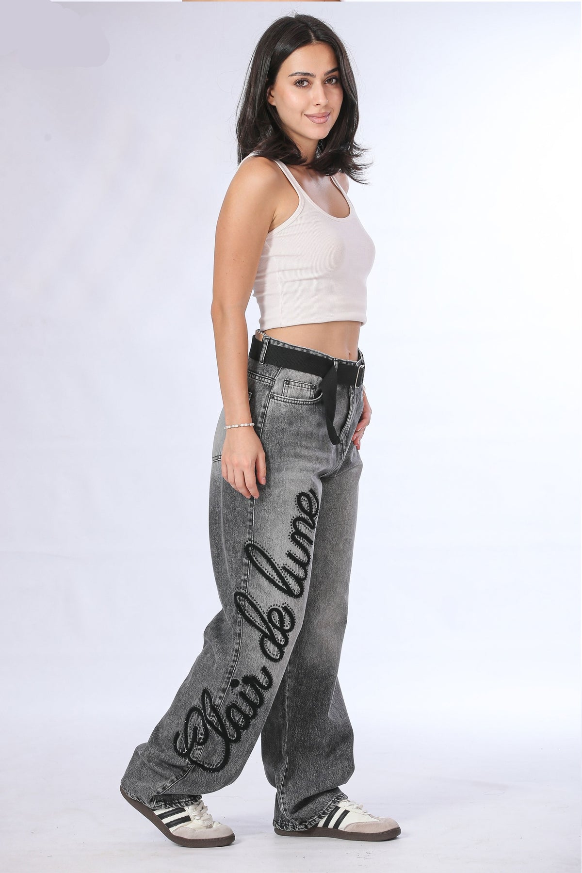 Grey Wash Graphic Baggy Denim with Belt - 11700