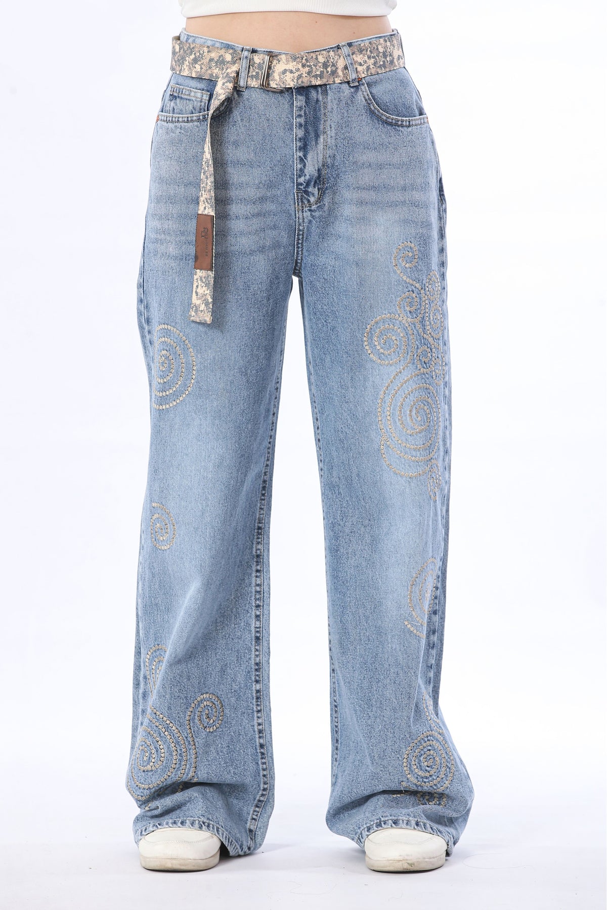 Belted Wide Leg Jeans with Swirl Embroidery - 11730