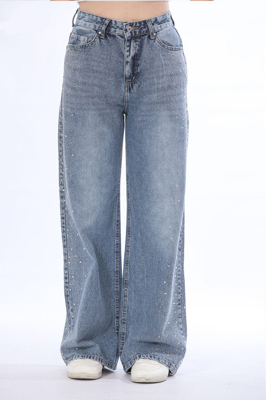 Rhinestone Side-Detail Wide Leg Jeans - 11393
