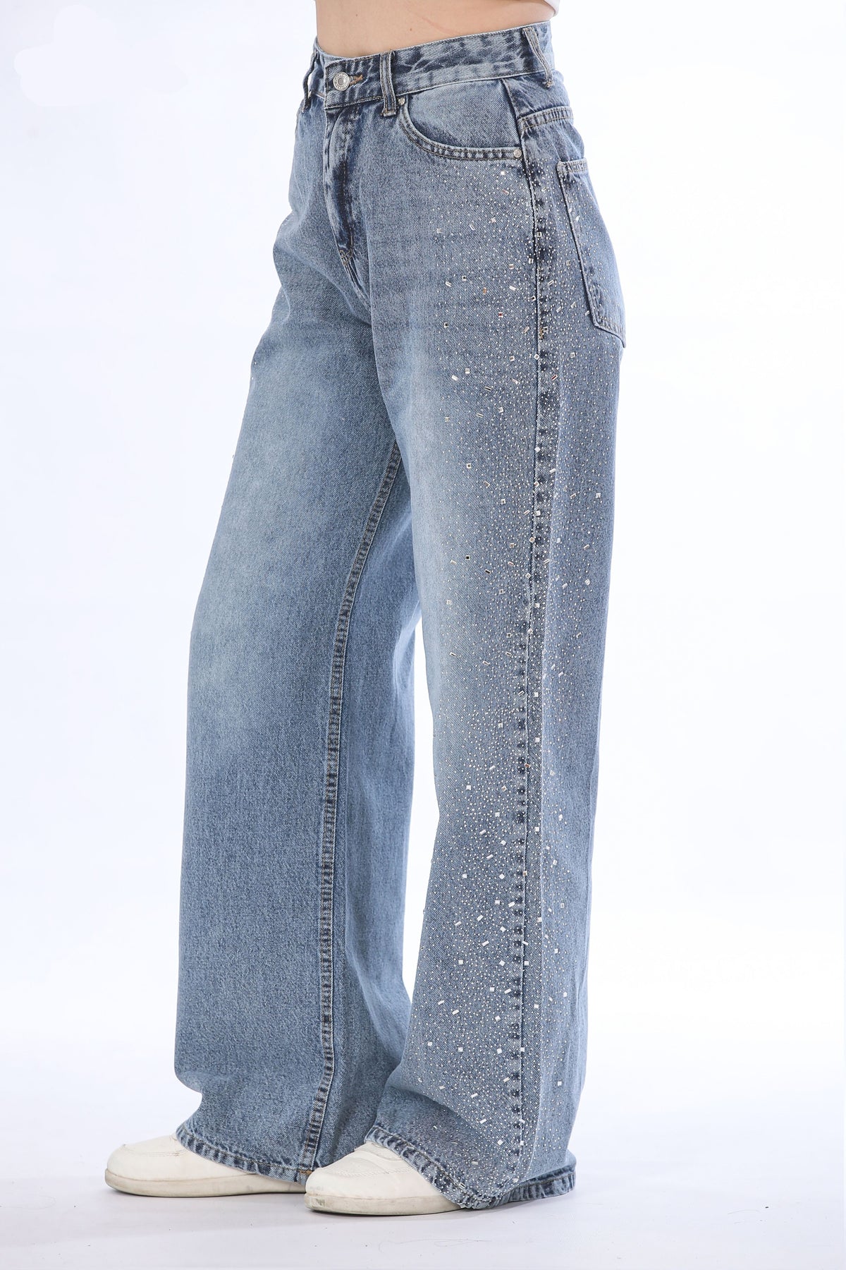 Rhinestone Side-Detail Wide Leg Jeans - 11393