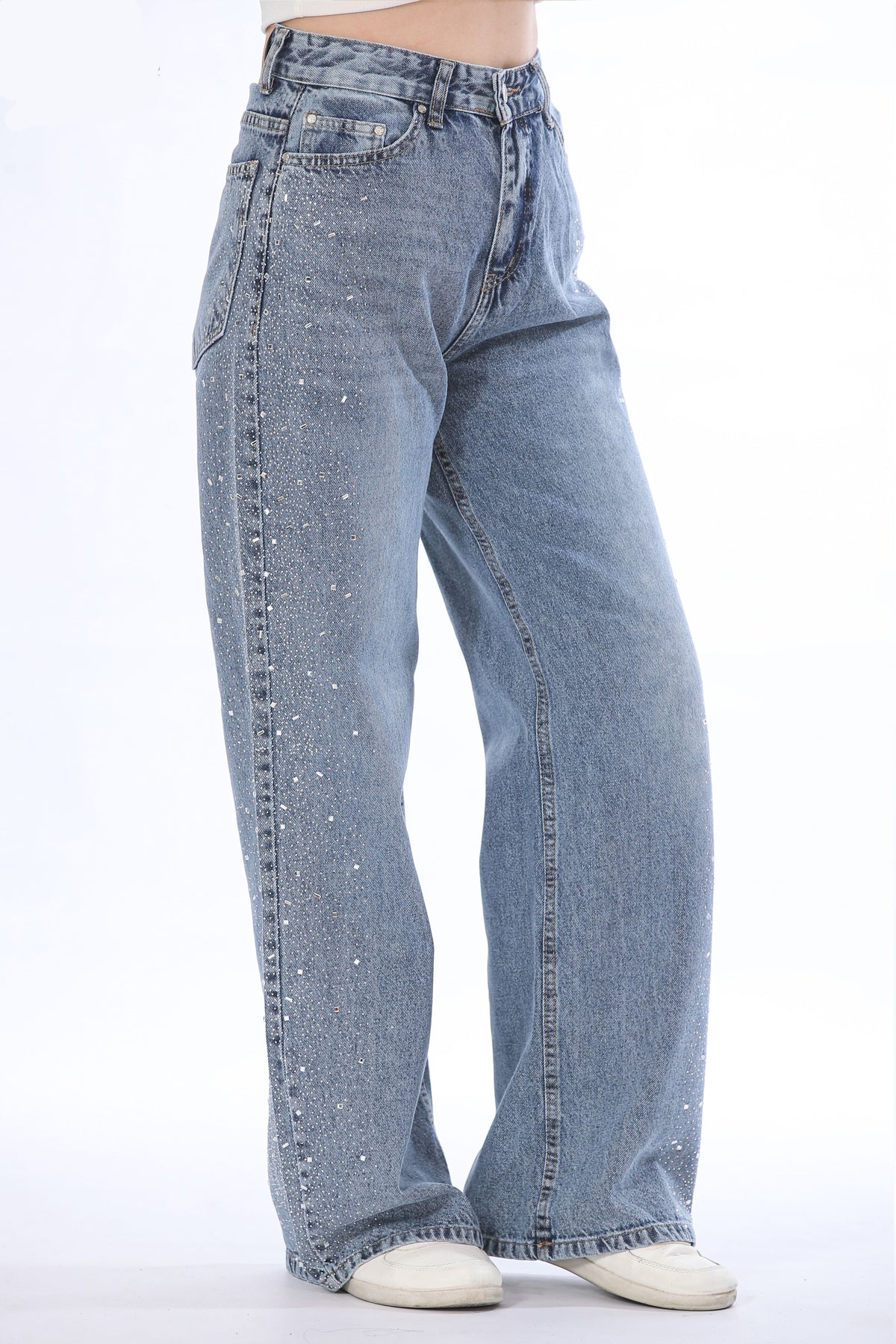 Rhinestone Side-Detail Wide Leg Jeans - 11393