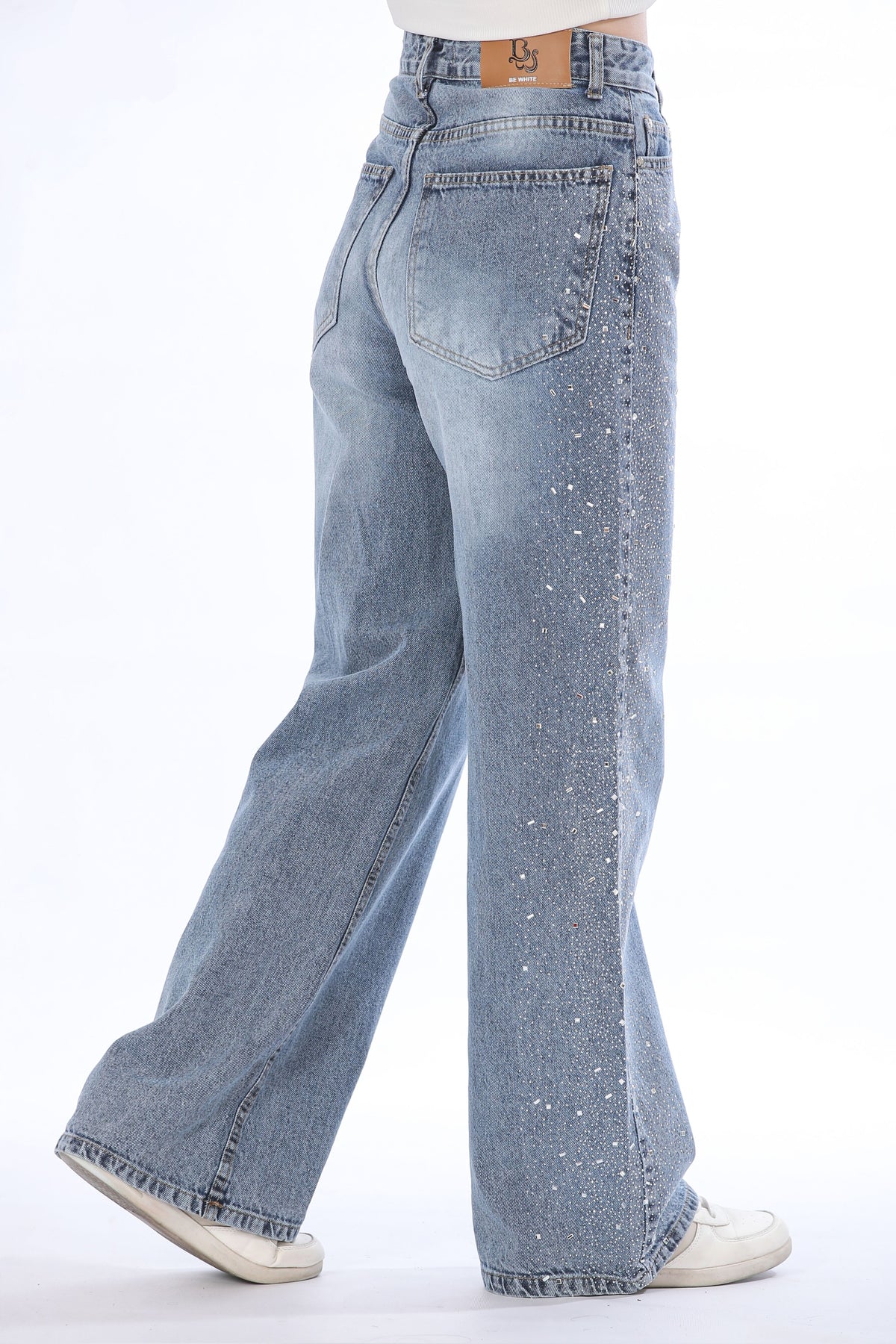 Rhinestone Side-Detail Wide Leg Jeans - 11393