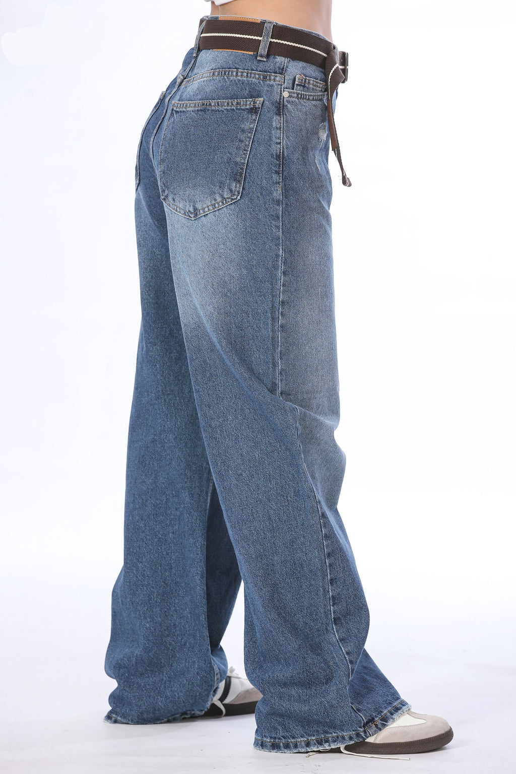 Belted Wide Leg Distressed Jeans - 11694