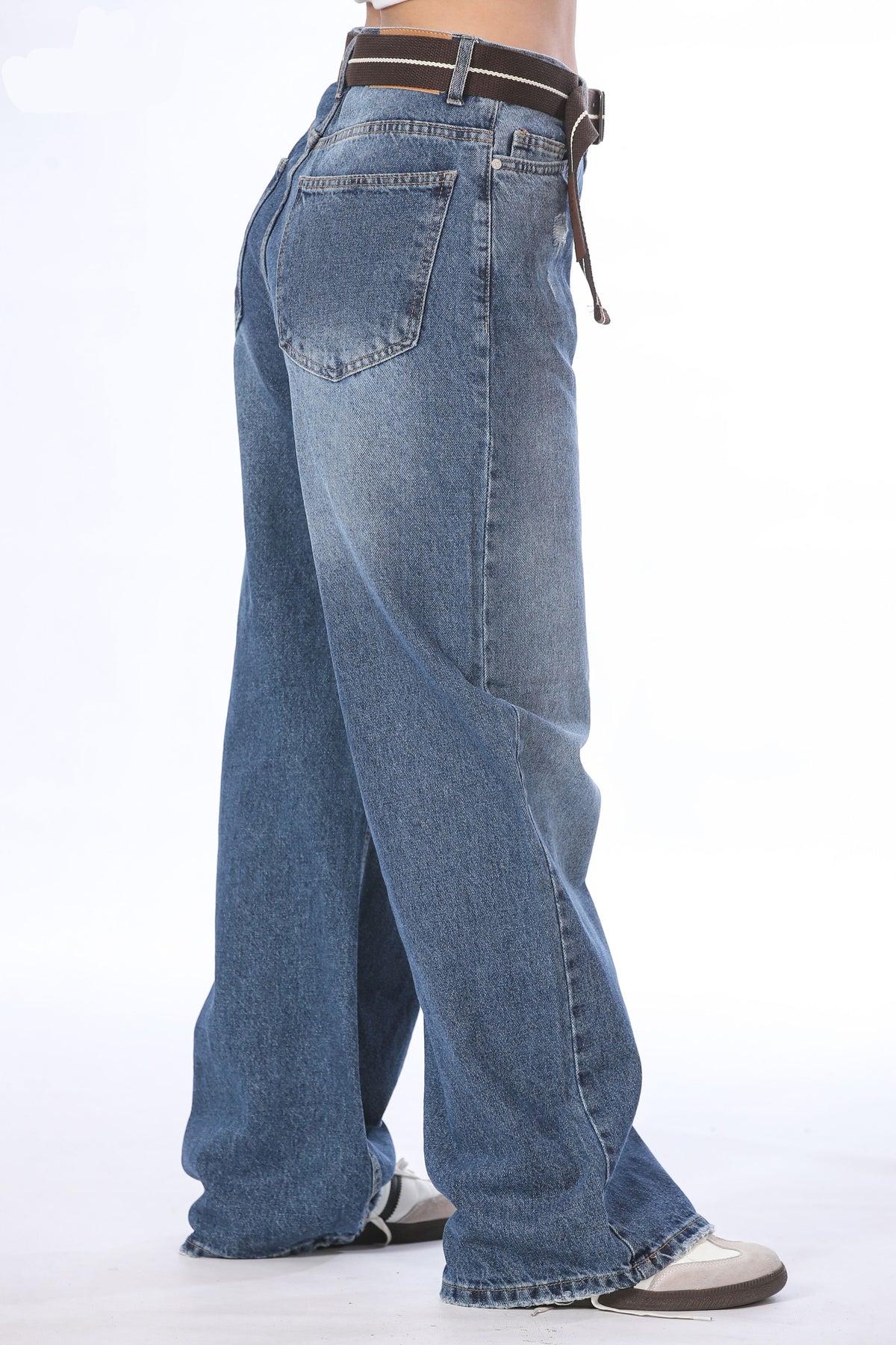Belted Wide Leg Distressed Jeans - 11694