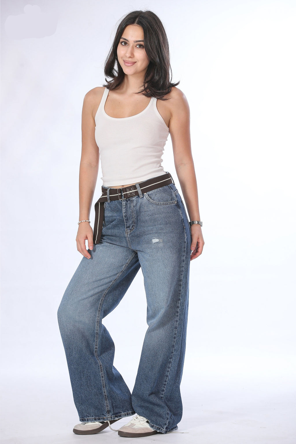 Belted Wide Leg Distressed Jeans - 11694