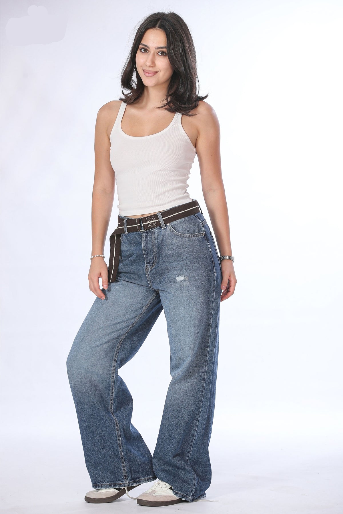 Belted Wide Leg Distressed Jeans - 11694