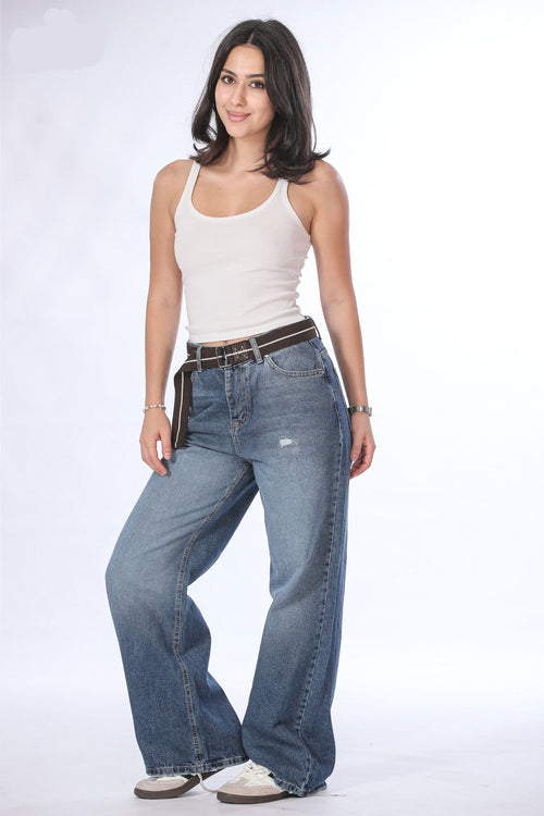 Belted Wide Leg Distressed Jeans - 11694