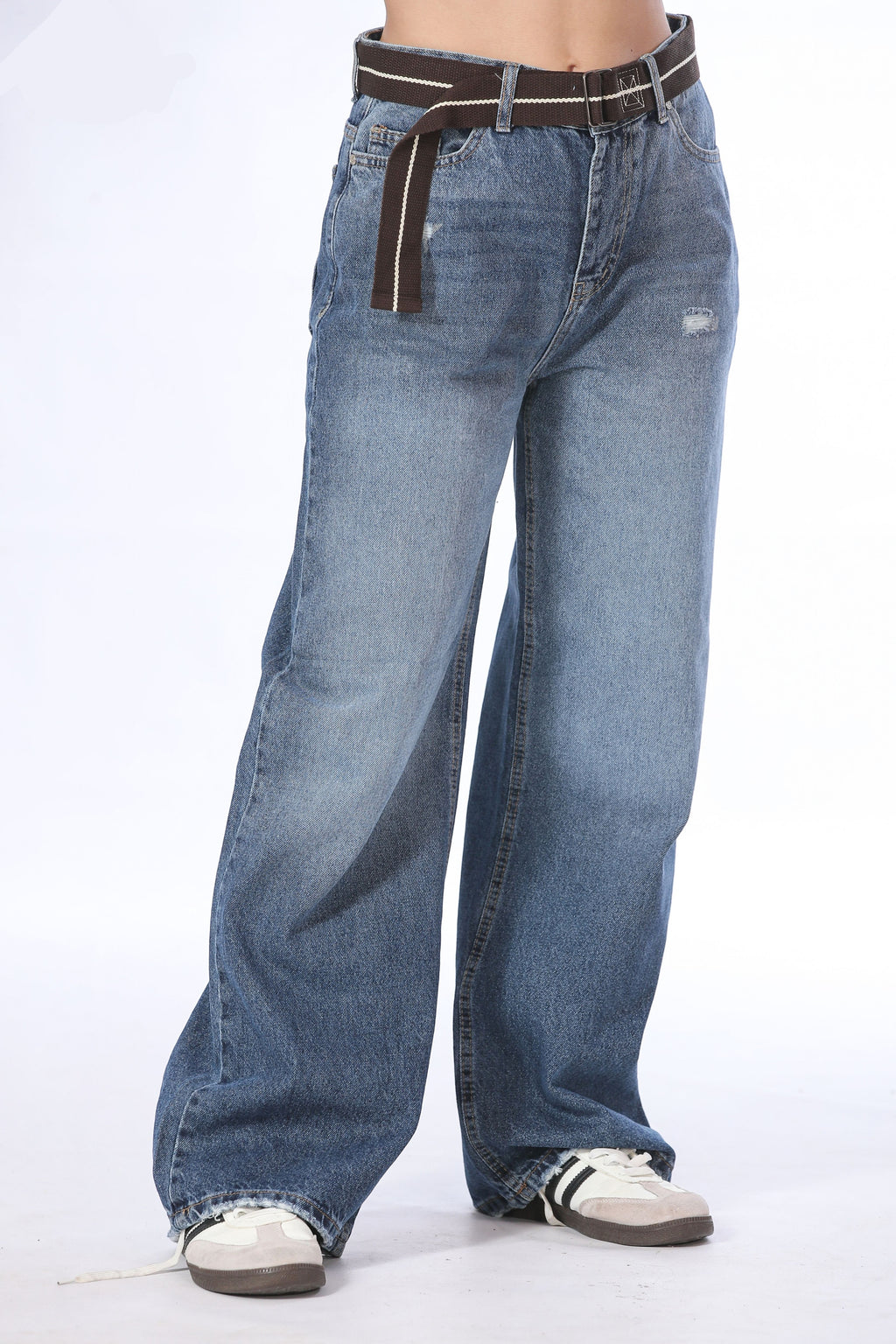 Belted Wide Leg Distressed Jeans - 11694