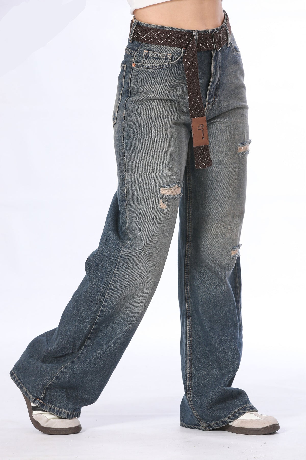 Light Blue Wide Leg Jeans with Canvas Belt - 11696