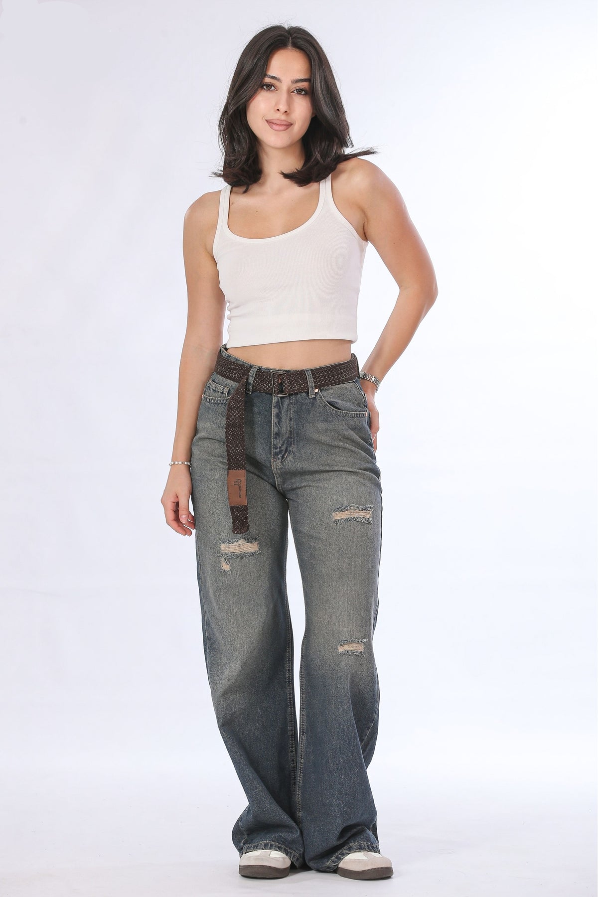 Light Blue Wide Leg Jeans with Canvas Belt - 11696