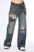 Belted Dark Wash Graphic Patch Jeans - 11680